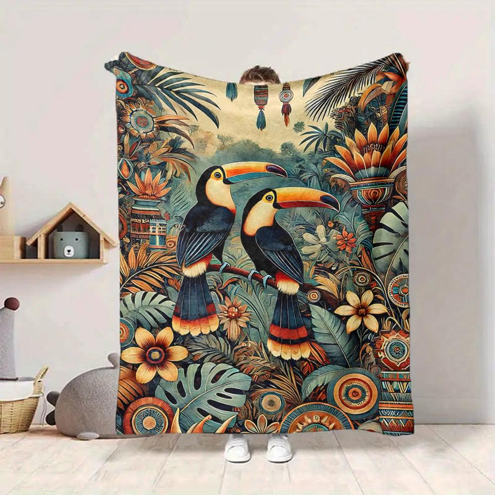 1pc Tropical Birds Blanket, Lightweight Flannel Throw Blanket For Sofa, Bed, Travel, Camping, Living Room, Office, Couch, Chair, And Bed