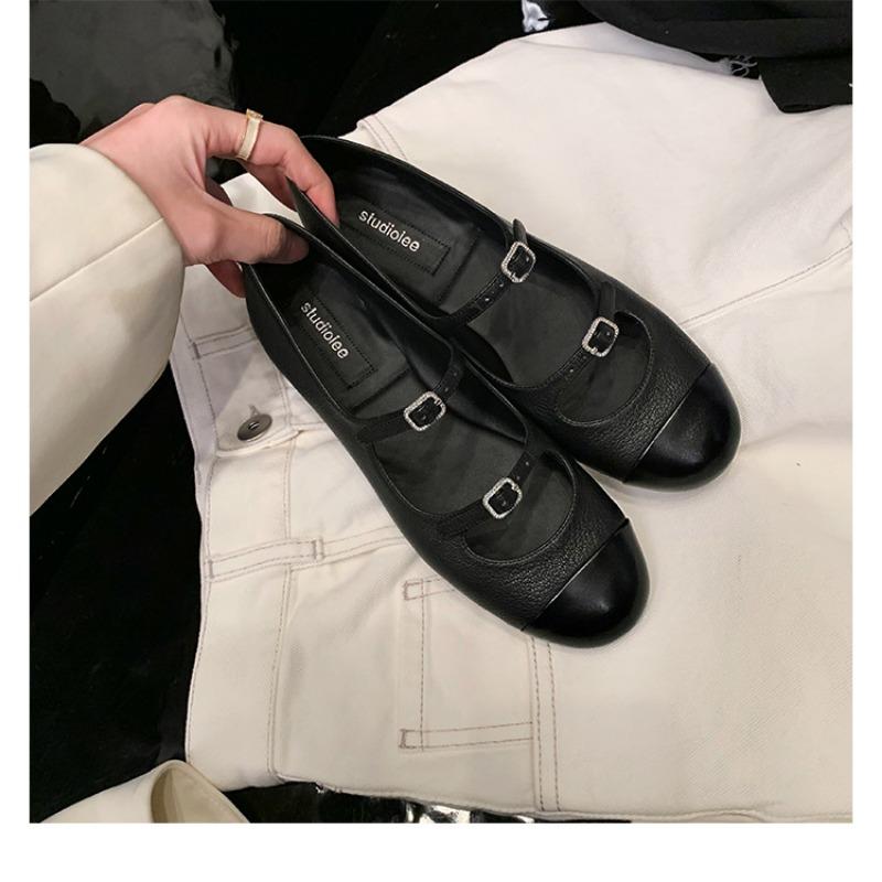 Mode Femmes Chaussures Mary Jane Plates à Bout Rond et Décolleté Bas Ballerines Chaussures à Sangle Double Boutonnage Escarpins à Talons Bas d'Été