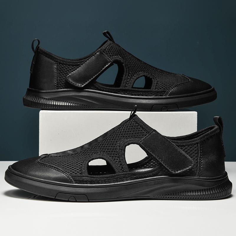 Mesh Men's Summer Sandals New Design Male Casual Shoes Breathable Hollow Out Flats Non-slip Ripped Shoes Magic Glue Beach Shoes