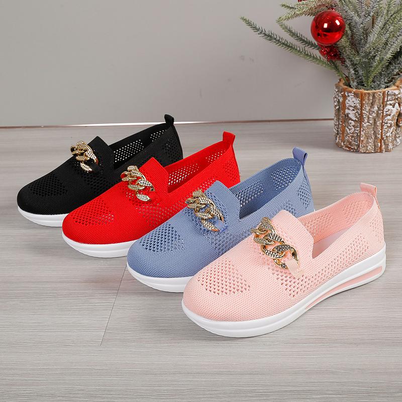 Fashion Women Sneakers New Casual Fashion Metal Buckle Shoes for Women Mesh Breathable Round Toe Loafers Thick Sole Non-Slip Sneakers