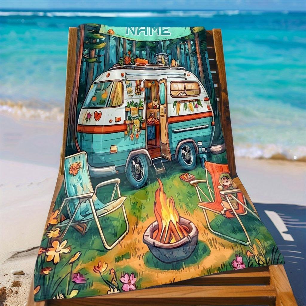 Custom Camper Van Beach Towel Personalized Name Print Soft Quick-Dry Large Bath Towel For Camping Lovers Travel