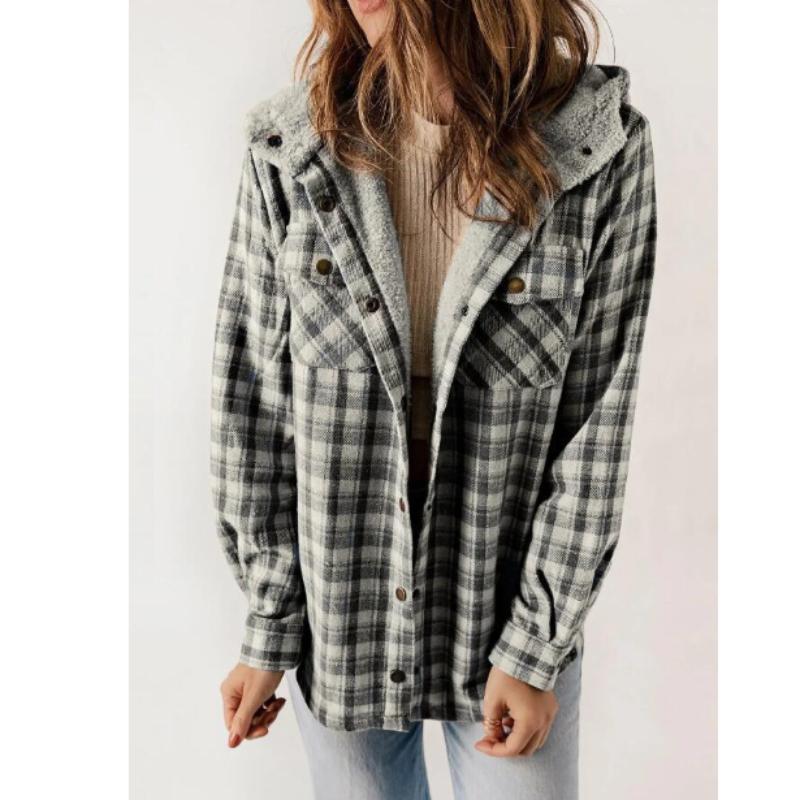 Women's Plaid Fashion Fleece Coats Winter Warm Hooded Fleece Jackets  Casual Outwear Large Size Loose Comfortable Coat