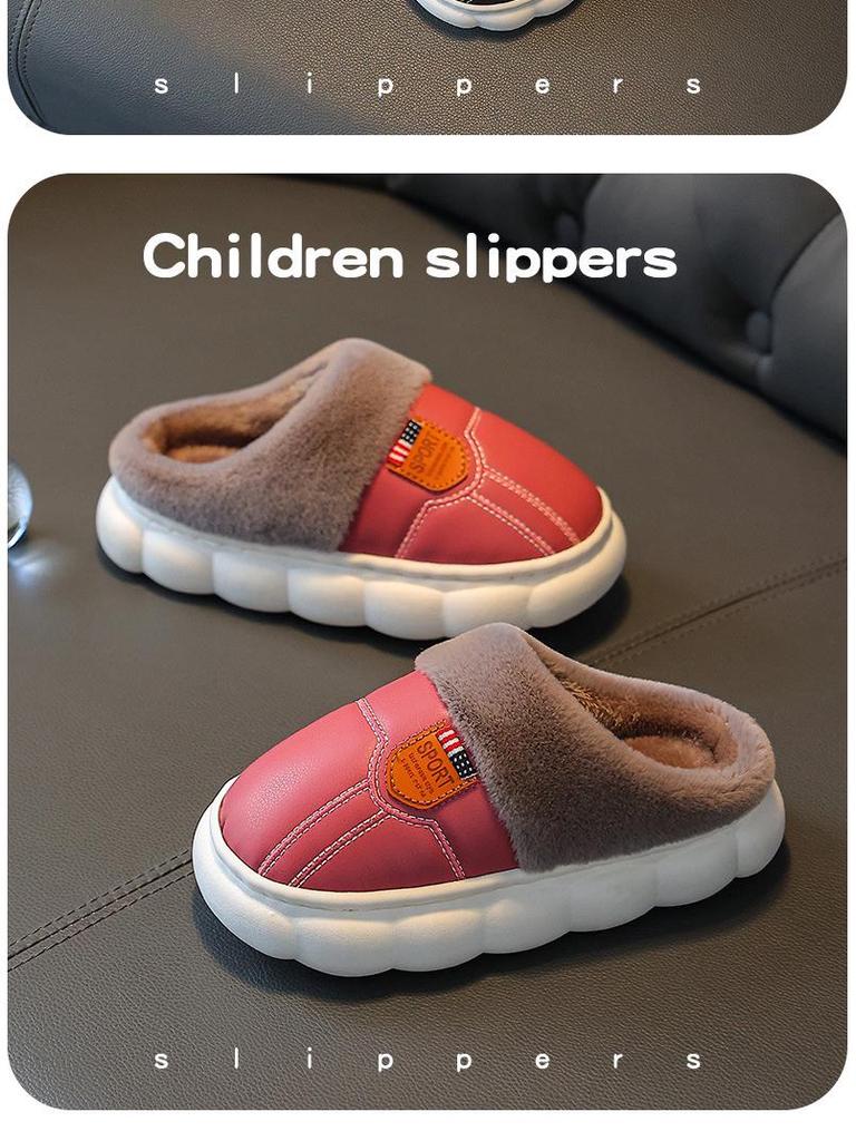 Children's Non-Slip Waterproof Slippers - Soft Cotton, PU Leather, Velvet-Lined for Parents & Kids, Winter Warm