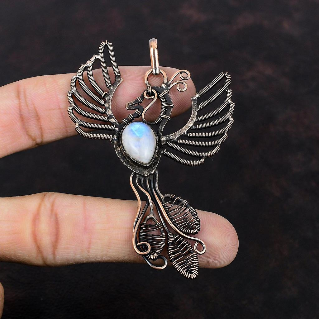 Rainbow Moonstone Pendant Copper Wire Wrapped Pendant Handmade Ethnic Jewelry Phoenix Bird Pendant Copper Jewelry Gemstone Pendant For Gift