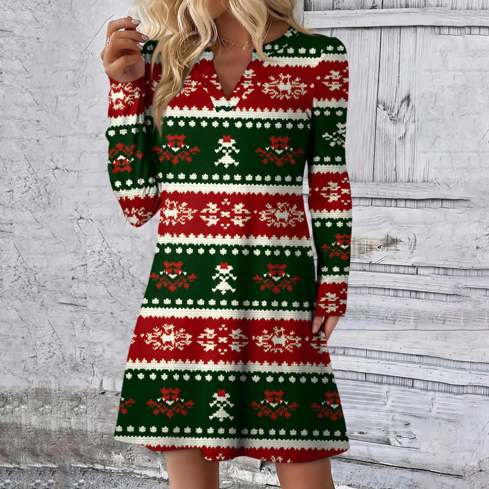 

Женское рождественское платье с принтом, свободное, с V-образным вырезом, повседневное платье с длинными рукавами L