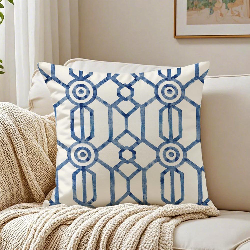 Blue Geometric Print Pillow Case Breathable Organic Short Plush Cushion Covers Machine Washable Wrinkle-Resistant Soft Durable