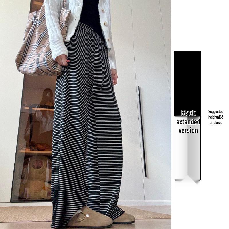 

Women s Gray Striped High-Waisted Fleece-Lined Wide-Leg Pants - Spring 2026 Casual Drape Style. Extra Large