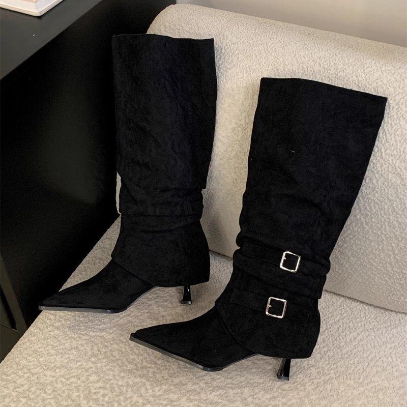 Ретро Замшевые Ботфорты с Острым Носком - Коллекция Осень/Зима 2025, Стройнящий Дизайн 2-в-1 со Сборками и Устойчивым Каблуком. 40