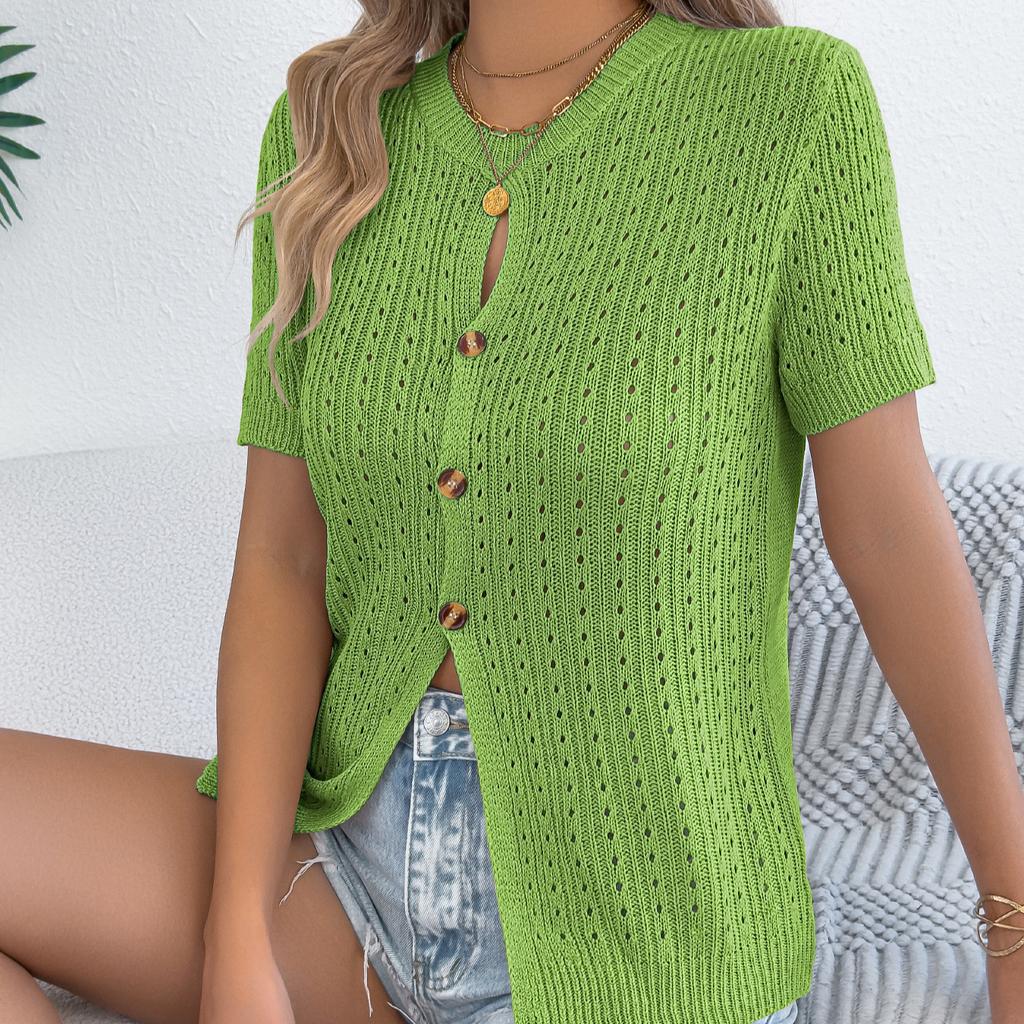 Women Hollow Out Knit Button Down Short Sleeve Cardigan Top