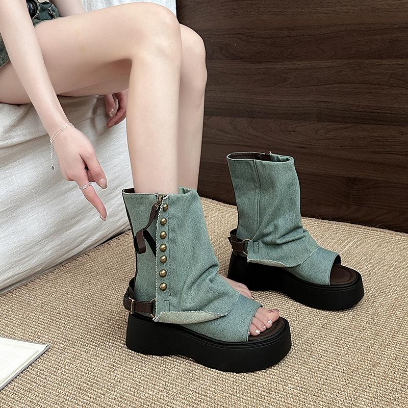 Design denim rivet open-toe cool boots new thick-soled trouser tube boots thin boots women's shoes