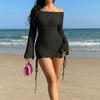 Luxury-lite One-shoulder Knitted Dress, Beach Pure Color Open-back Figure-hugging Dress, Drawstring Fitted Top for Women