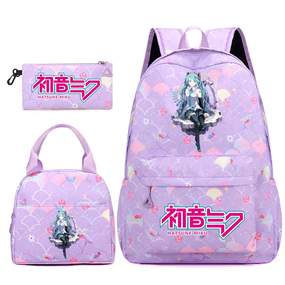 3 Stück/Set Anime Cartoon Hatsune Miku Bedruckter Rucksack Handtasche Federmäppchen für Teenager Schüler Mädchen Jungen Große Kapazität Wasserdicht Schultasche Reisetasche