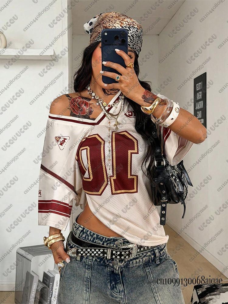 T-shirt Stampata Retro Nuova Estate 2026 Numero 10 da Donna Scollo a V Manica Corta Sportiva Maglia da Calcio Y2K Top Oversize