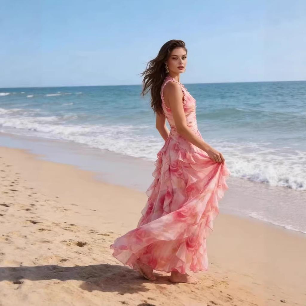 Nuovo abito da sera da donna europeo e americano con spalle scoperte, moda, chiffon stampato, stile fata, lungo, elegante