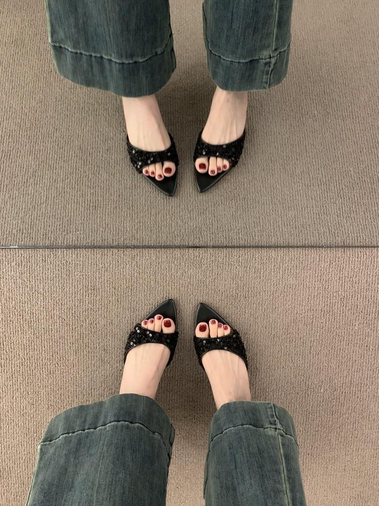 Temperament sequins one-word with open-toed pointed slippers female summer wear kitten and cool slippers
