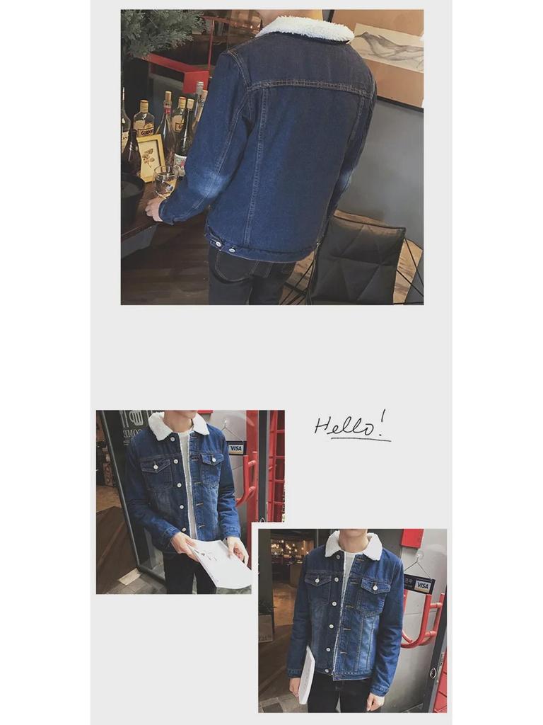 Heren Slim Fit Winter Denim Jas met Velvet en Lamswol Voering