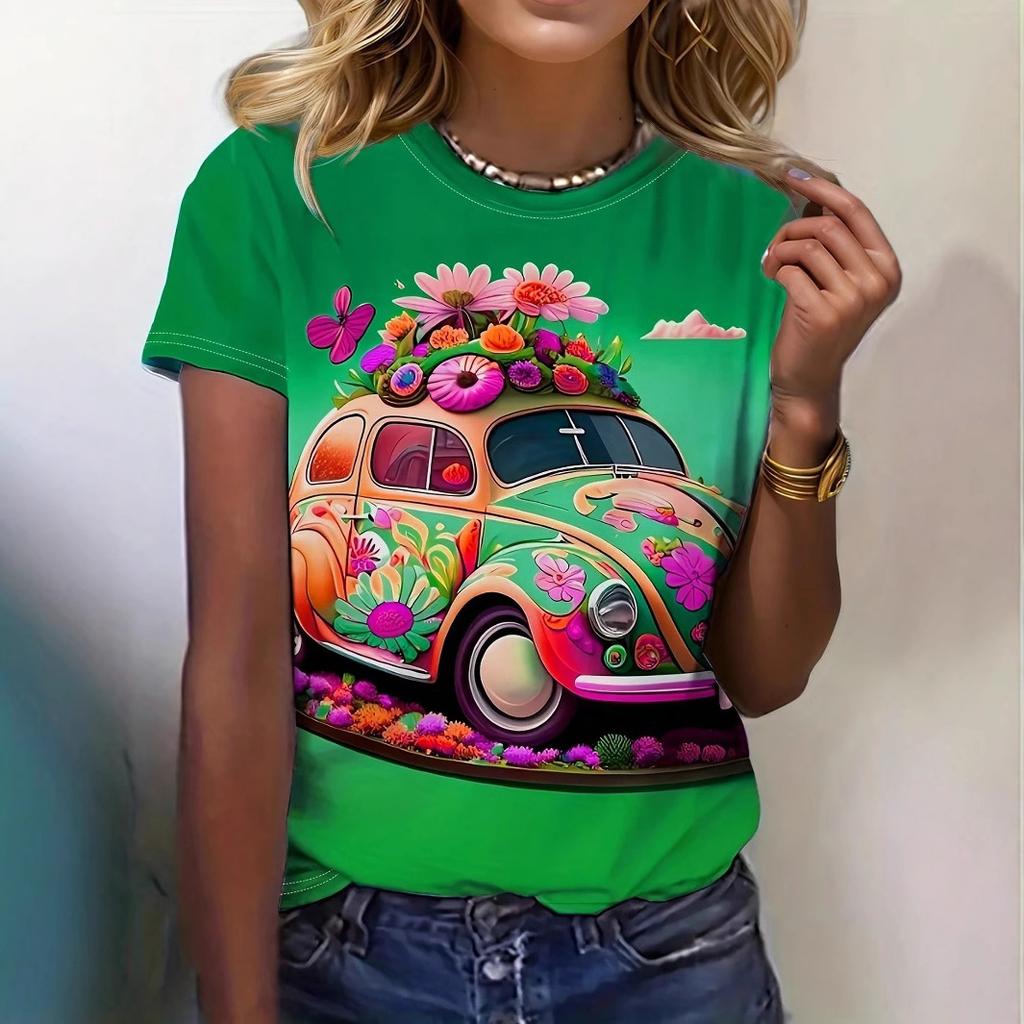 Summer Round Neck 3D Car Print Top Fashionable Casual Short Sleeved Women's T-shirts