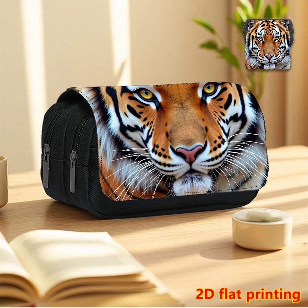 1pc Jungle King Totem Flip-Top Pencil Case & Makeup Organizer - Double-Layer Suitable for Boys and Girls, Large Capacity School Supply Storage Box wit