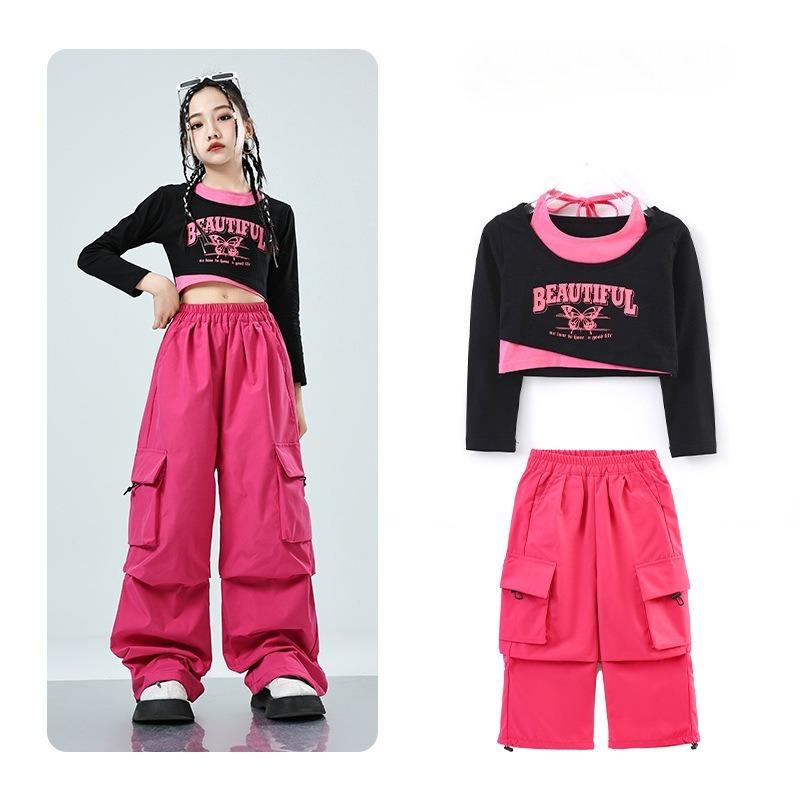 Children's Street Dance Fashion Suits Girl's Jazz Performance Hip-hop Clothes Color Matching Cool Wide Leg Pants 2-piece Set