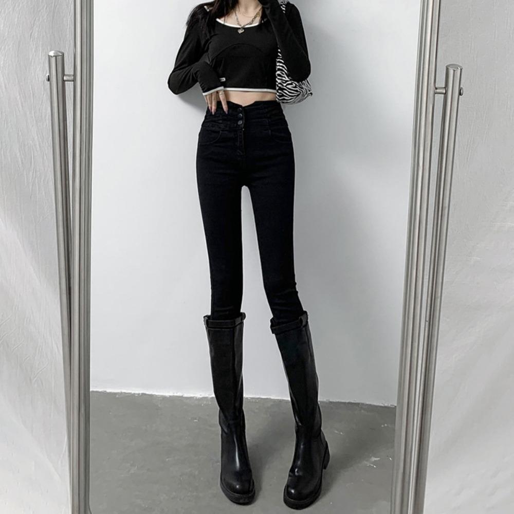 

Personalized high-waisted jeans women s spring and autumn new Korean version slim-fitting and thin pencil small feet trousers tide 27 чорний