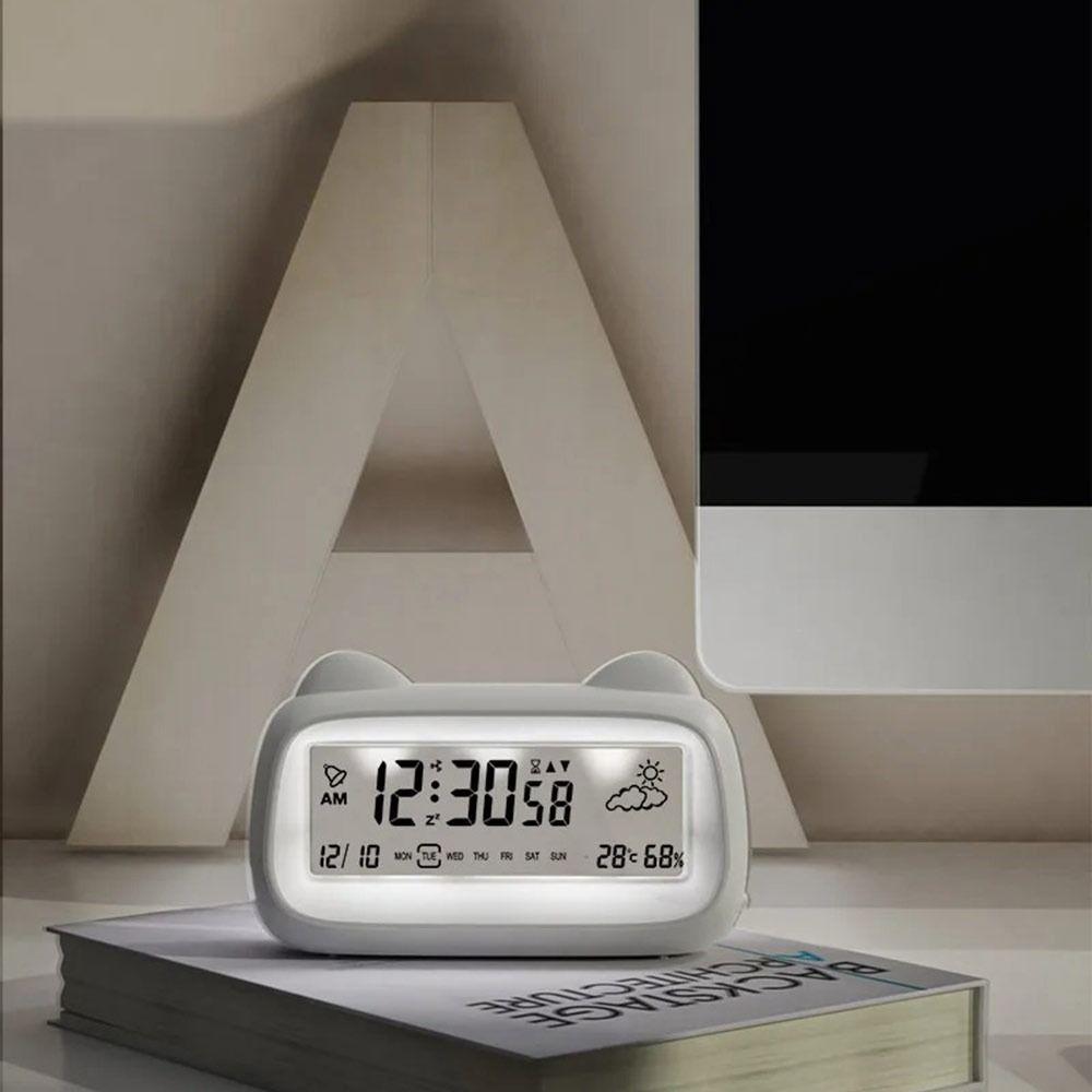 Temperature Display Digital Alarm Clock Humidity Display Week Display Cat Shape Clock Digital Display LCD Screen Alarm Clock