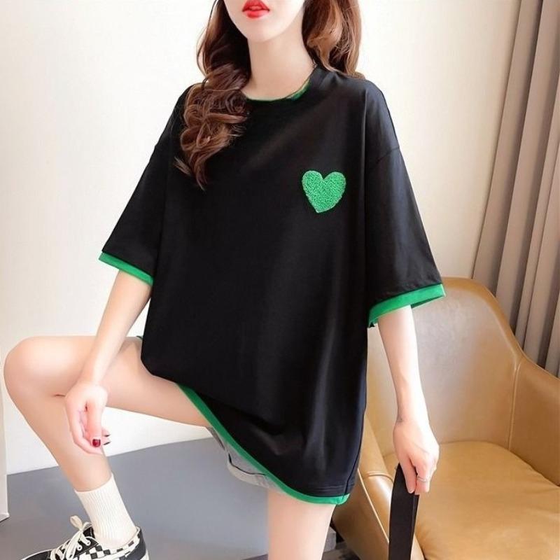 Ladies' Fake Two T-shirts Female Contrasting Color Round Neck Short Sleeved Blouse Summer New Korean Loose Versatile Top