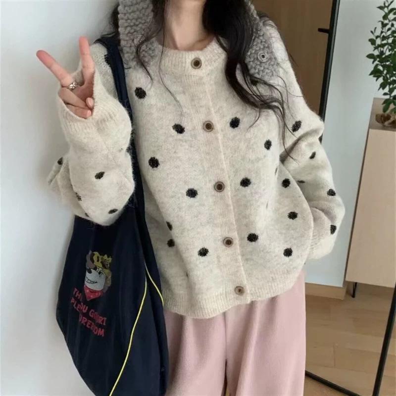 Korean Polka Dot Knit Cardigan: Women's Cozy Round Neck Sweater - 2025 Autumn/Winter Collection