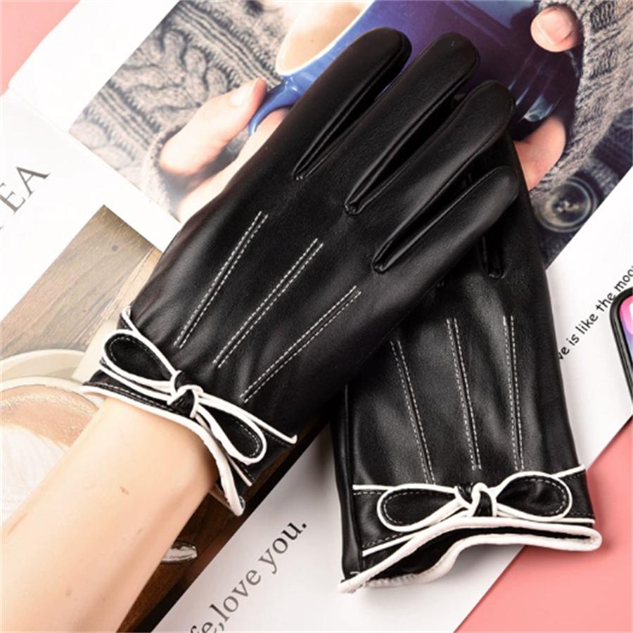

Elegant Black Leather Gloves with White Bow Detail L чёрный
