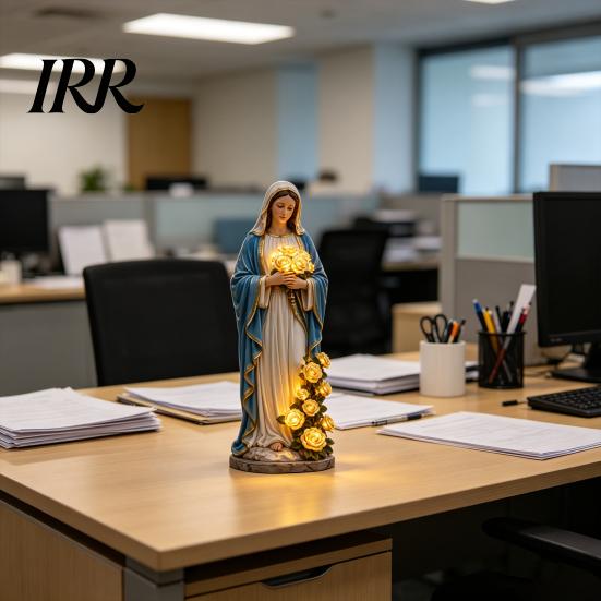 Decoración Cristiana para Jardín Resistente a la Intemperie Virgen María Luz, Estatua para Exteriores con Rosa Brillante LED, Figura Lámpara Madre Bendita Suave Brillo Dorado para