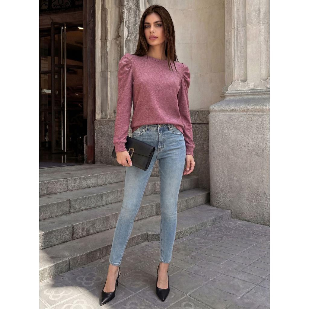 Fall Winter Women's Solid Color Loose Crew Neck Pleated Long Sleeve T-shirt Top For Cross-border European American Trade