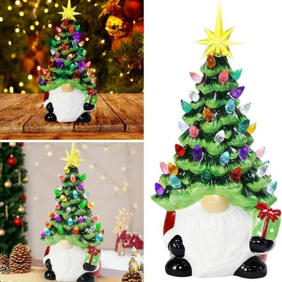 Lighted Christmas Gnome Tree 6" Resin Faceless Old Man Christmas Tree
