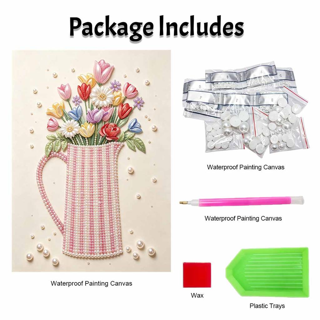 Pearl art canvas wall decoration bedroom living room pearl mosaic flower vase tulip bouquet floral embroidery wall art print