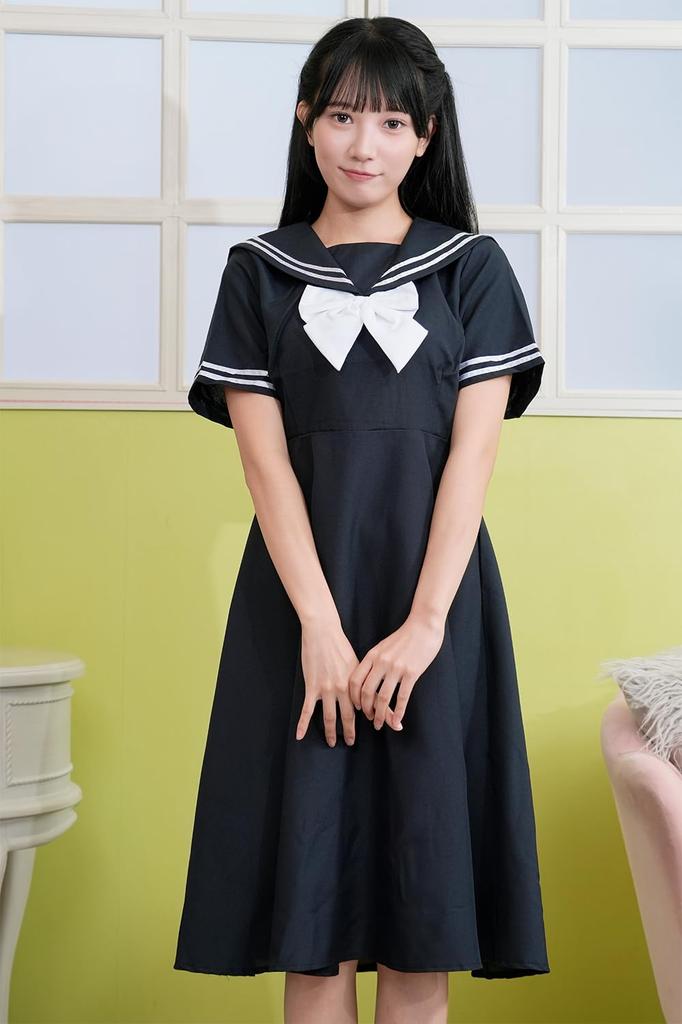 A&TCollection Kami Girls' School Elementary School Uniform, Navy Blue Sailor Suit, Size M, Women's Cosplay Costume