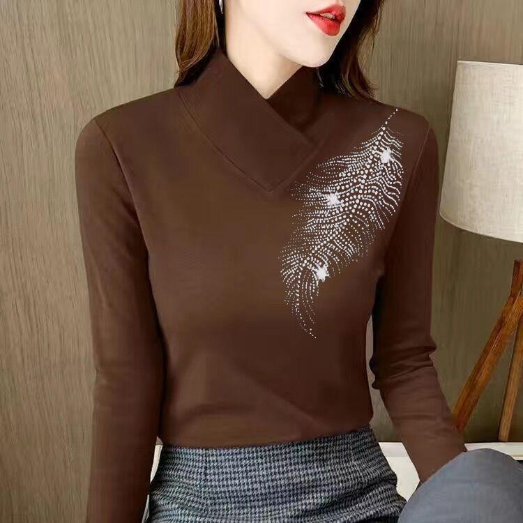 

Женская флисовая футболка, осенне-зимняя флокированная майка со стразами, футболка большого размера с длинными рукавами, женский толстый теплый пуловер, футболка, топ 5XL кофейный