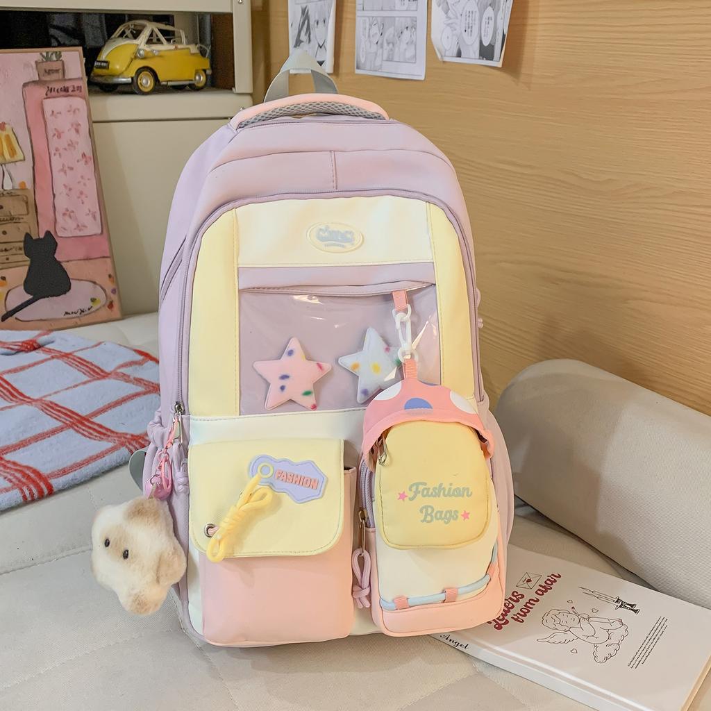 Schoolbag New Japanese Ins High Value, Sweet and Transparent Double Shoulder Schoolbag, Women's Contrasting Color Splicing Large-capacity Backpack