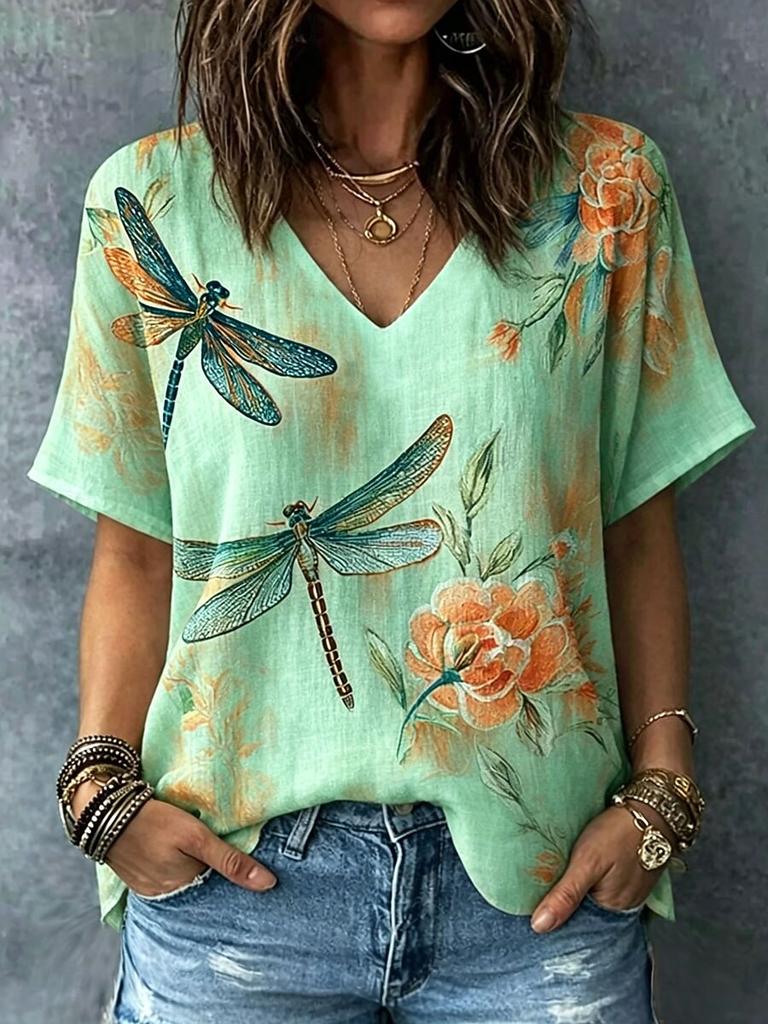 Funny Dragonfly 3D Print T Shirt For Women Fashion Flower Pattern Oversized Tops Casual V-neck Short Sleeve Tees Summer Clothing