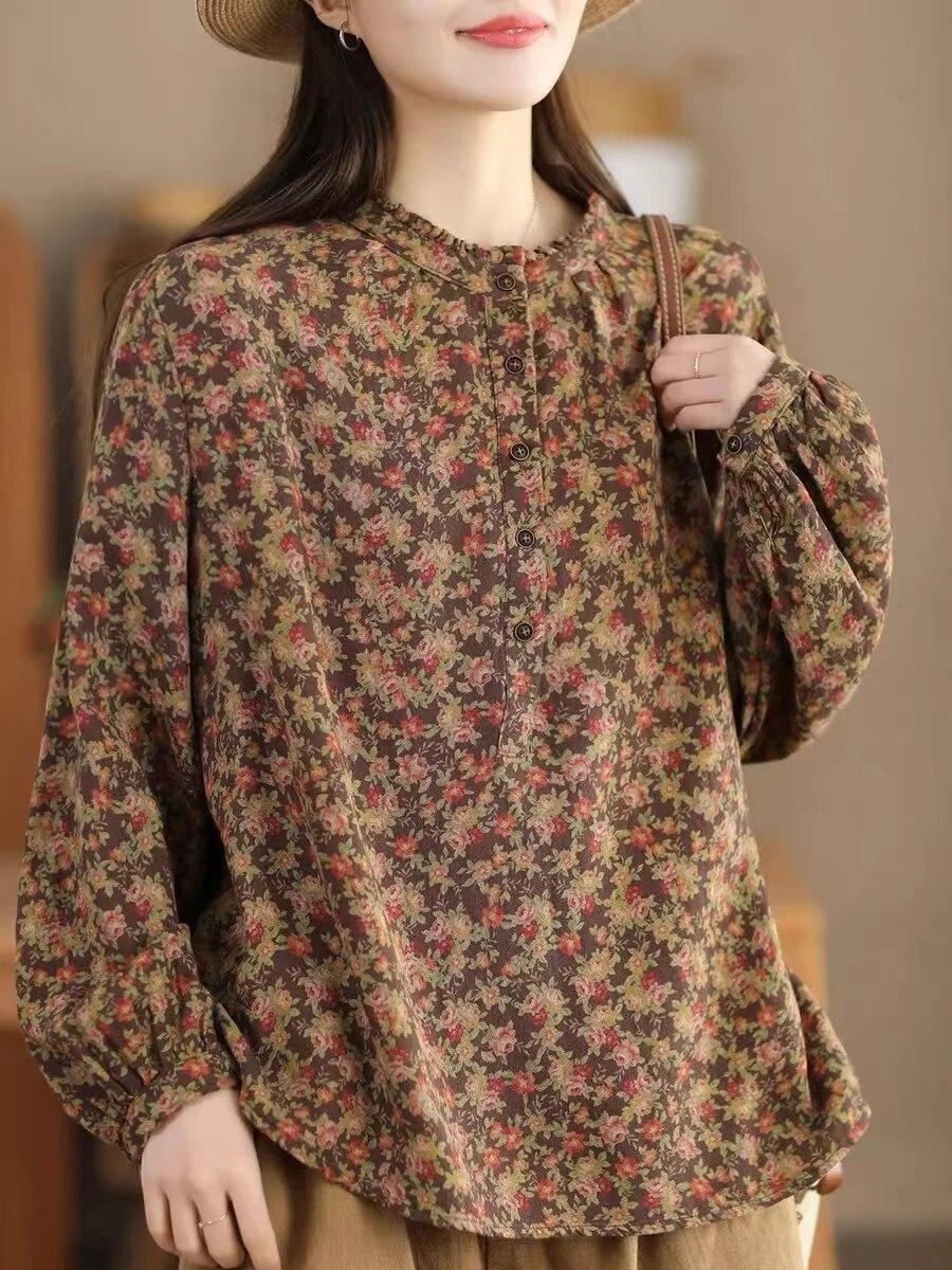 

Johnature женские винтажные футболки с цветочным принтом и длинными рукавами с круглым вырезом, весенние футболки из двойного хлопка, мягкие свободные женские футболки One Size кофейный