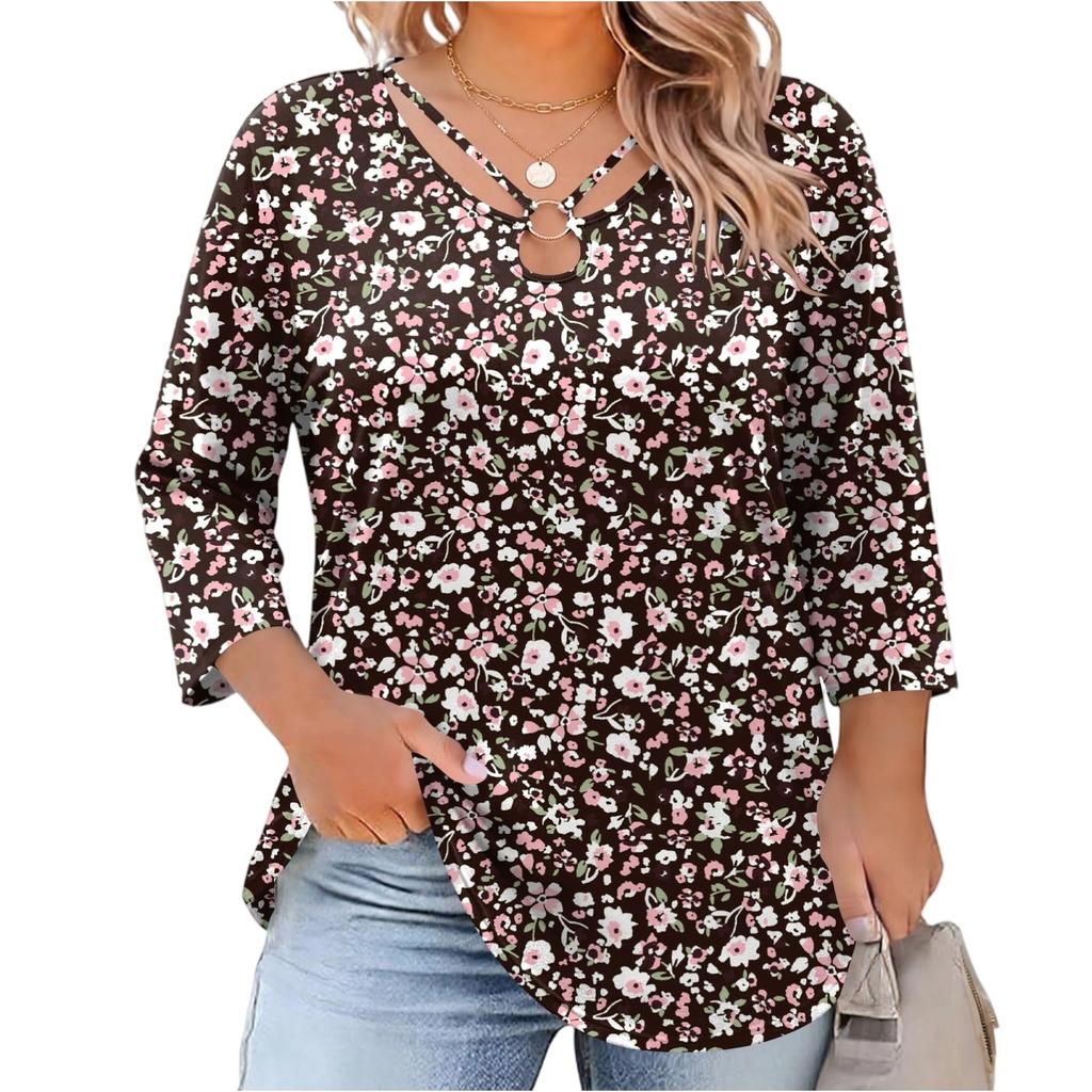 Women's Floral Print Three-Quarter Sleeve Top, Plus Size Casual Blouse