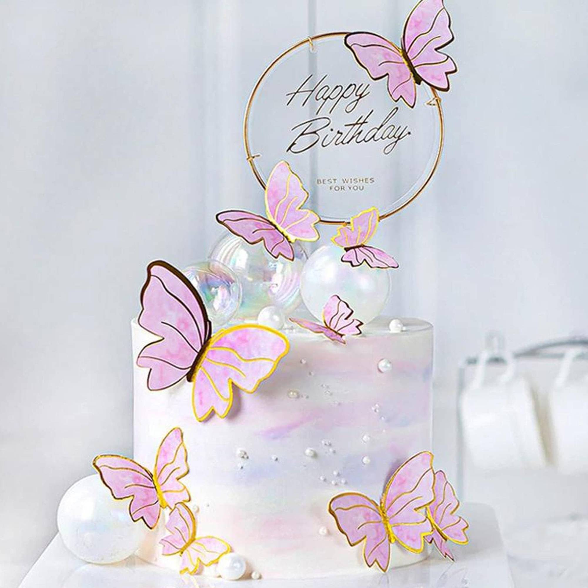

17Pcs Pink Butterfly Cake Decorations Metal Gold Cake Topper Mix White Beads for Girl Women Birthday Wedding Party Supplies