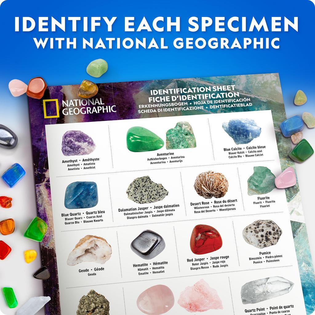 NATIONAL GEOGRAPHIC Rocks & Fossils Kit – 200Piece Set Includes Geodes, Real Fossils, Rose Quartz, Jasper, Aventurine, & Many More Rocks, Crystals & G