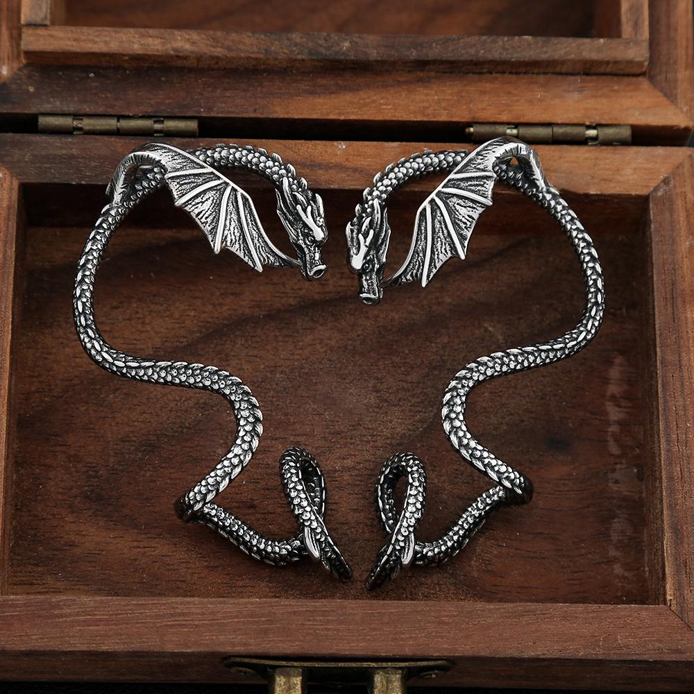 Vintage Domineering Winged Dragon Earrings Stainless Steel Punk Dragon Cuff Earring For Men Women Biker Animal Jewelry