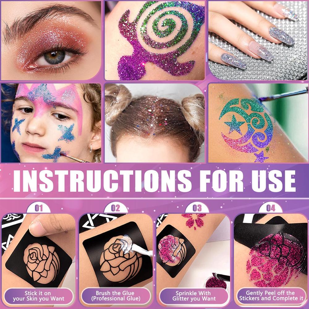 12 Color Temporary Glitter Tattoo Kit for Kid with 24 Stencils Adults Girls Boys Arts Glitter Make Up Kit Beautiful Holiday Gift