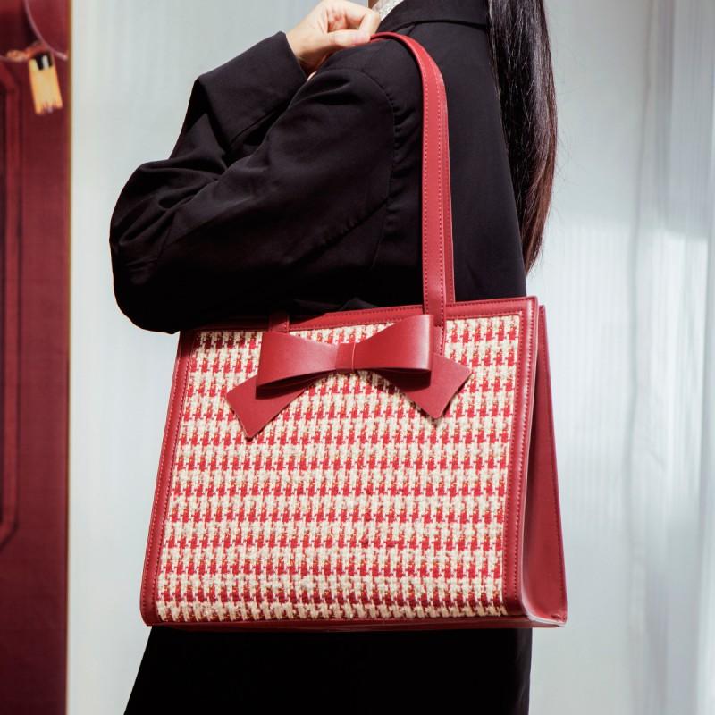 Red Bag 2025 New Wedding Women's Houndstooth High-quality Large-capacity Single-shoulder Tote Bride's