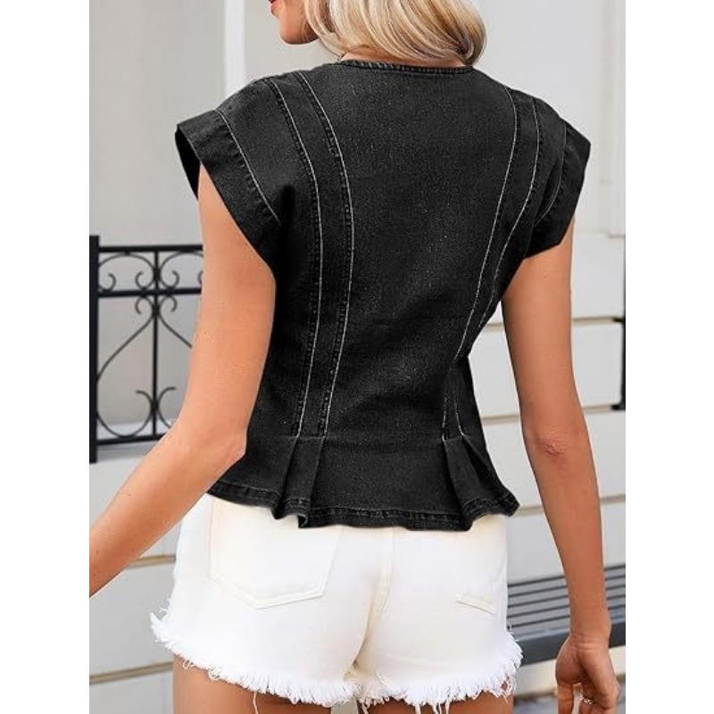 Women S V Neck Denim Vest Buttoned Slim Fit Casual Short Top