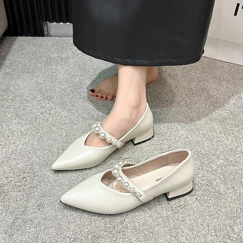 Fashion Spring new coarse heel shoes women's fashion pointed head shallow mouth beaded waterproof non-slip low-top shoes