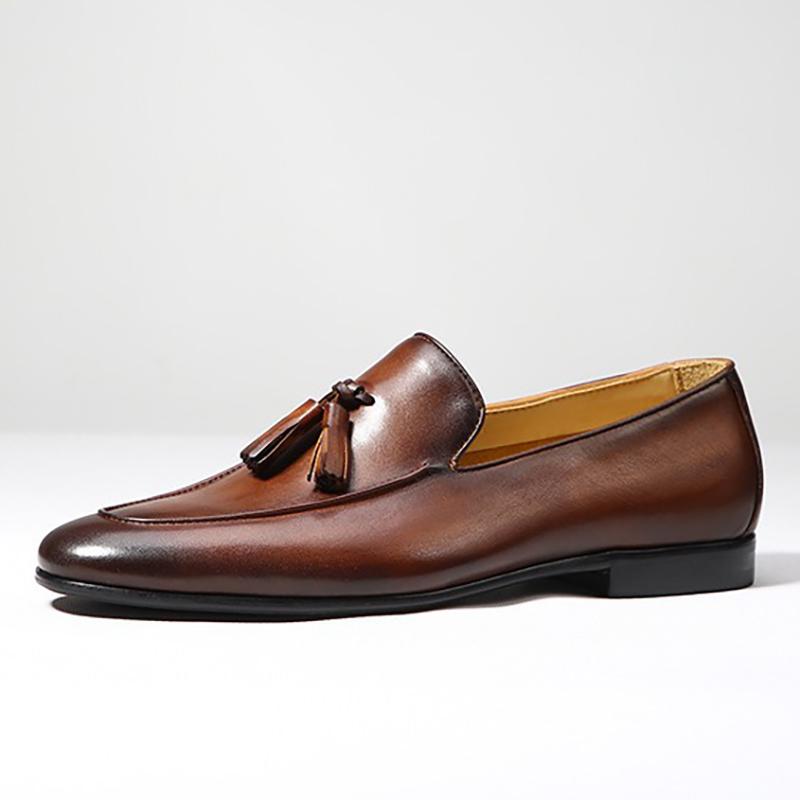 Klassische Herren Mokassins aus echtem Leder mit Fransen, zum Hineinschlüpfen, runde Spitze, bequem, Freizeitschuhe, handgefertigt, Hochzeitskleid, Alltagsschuhe