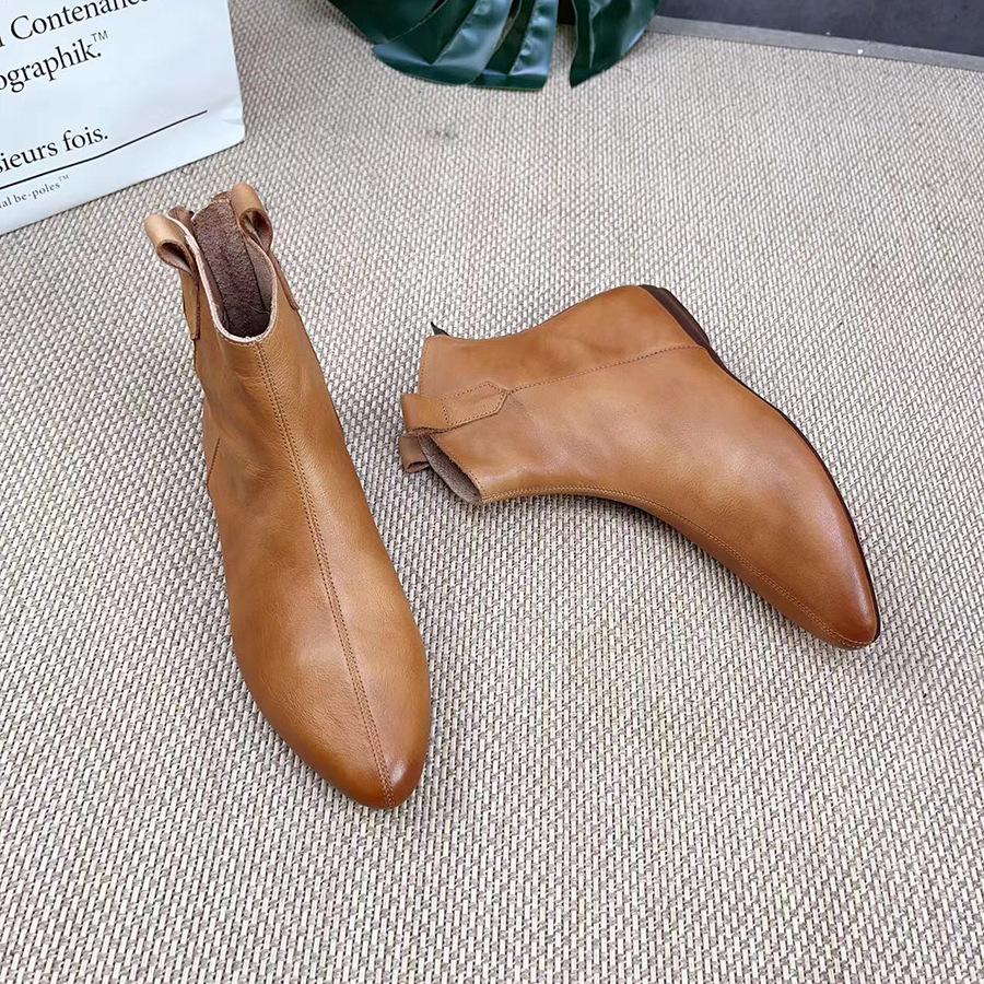 Johnature Retro Women Short Boots Genuine Leather Solid Color Shoes Handmade Round Toe Back Zipper Ankle Boots