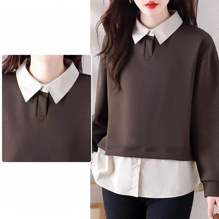 Módní svetr s falešným dvoudílným designem Dámský Korejská verze s kontrastním prošíváním Ležérní tričko Top