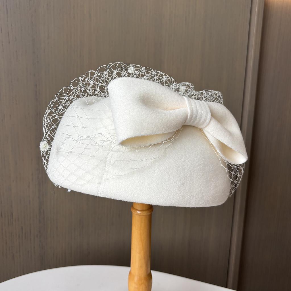 Autumn And Winter Bow Mesh Bud Hat Women'S High-End Sense Warm Felt Styling Top Hat British Style Stewardess Hat