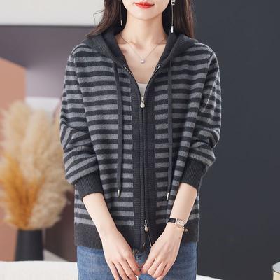 Kapuzenpullover Locker Reißverschlussjacke Modisch Lässig Gestrickte Strickjacke Gestreiftes Oberteil